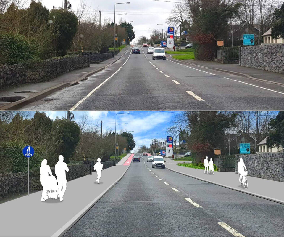 Before and After view of the Active Travel scheme for the Tulla Road in Ennis-